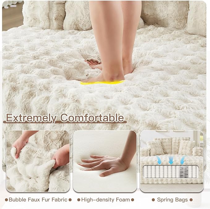 56 W Oversized Chaise Lounge Chair IndoorPlush Faux Fur Sleeper Couch Sofa Bed with PillowsFluffy Comfy Cloud SofaCompression Foam Boneless Couch for Living RoomBedroom(Bubble Beige)