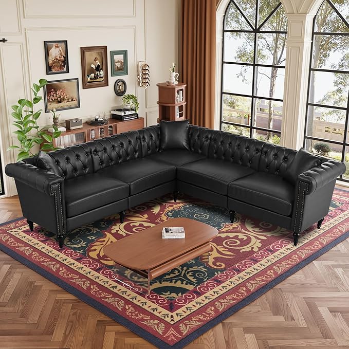 KEIKI 99 L-Shaped Luxury PU Leather Chesterfield Sectional Sofa with Rolled Arms and Nailhead Mid-Century Style Oversized 5-Seater Button Tufted Couch Easy Assembly for Living Room Black