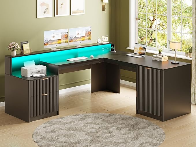 SEDETA 66 Modern L Shaped Desk with Drawers Fluted Home Office Desk with File Cabinet and Printer Shelf Wood Executive Desk with Monitor Stand Led Lights Power Outlets Black