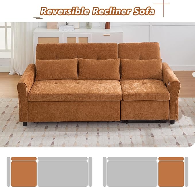 ERYE L-Shaped Reversible Recliner Sectional Sofa Chenille Upholstered Pull Out Convertible Sofabed with Pull Out Sleeper Couch Bed and Recliner Chaise Lounge and USB-C Ports