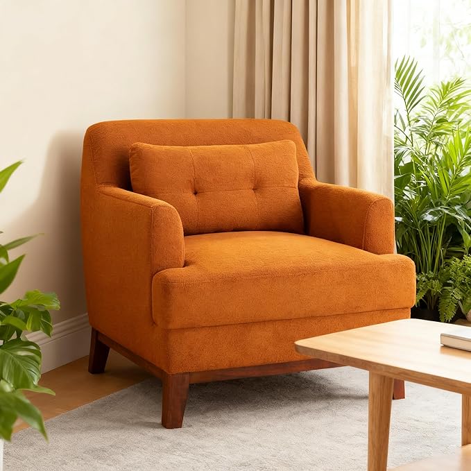 VANOMi Modern Accent Chairs Terry Fabric Living Room Chairs with Cushion Mid-Century Modern Comfy Reading Chair for Bedroom Corner Apartment Orange