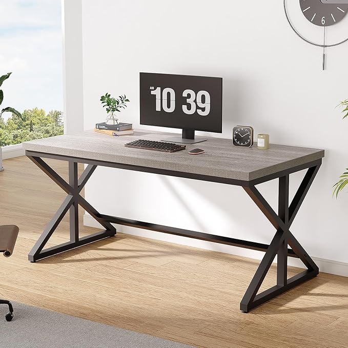 IBF Computer Desk Industrial PC Laptop Office Desk Farmhouse Gaming Desk with Spacious Desktop Rustic Wood Metal Writing Study Work Table for Home Office Bedroom 47 Inch Grey Oak