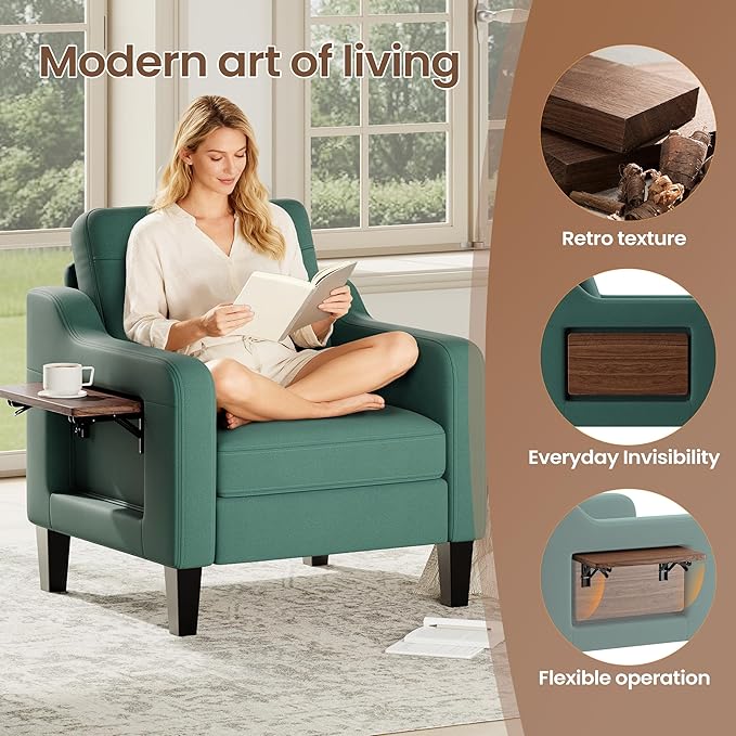 Accent Chair for Living Room Modern Linen Upholstered Armchair Side Wooden Fabric Sofa Chair with Foldable Table 2 Side Pockets Comfy Reading Chair for Bedroom
