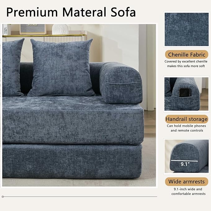 79 Inch 4-in-1 Convertible Sofa Bed Boneless Couches Chenille Folding Sleeper with Pull Out Bed Floor Futon Modular Lounge Loveseat Compressed Sofa No Assembly Required for Living Room (Blue)