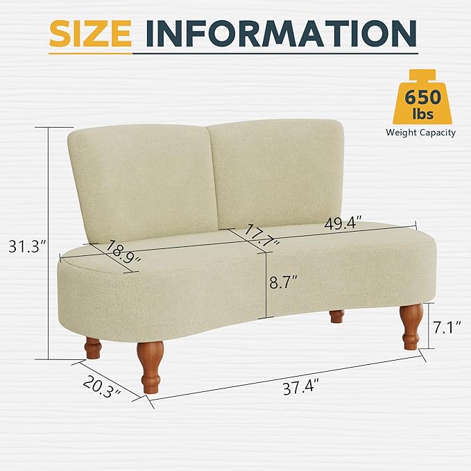 ALISH 49 Small Loveseat Sofa Settee Curved Sofa Couch with Backrest and Wooden Legs for Dining Room Living Room Bedroom Funiture Ivy