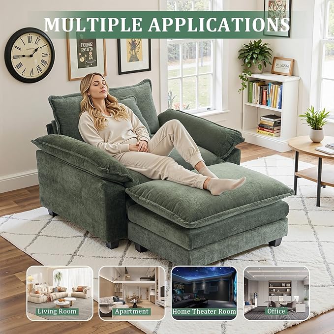 Oversized Accent Chair with OttomanOversize Chair Chenille Sofa with ArmrestsComfy Living Room Sofa with Deep Seat &amp PillowsOversized Reading Accent Chairs Couch Lounge for BedroomGreen