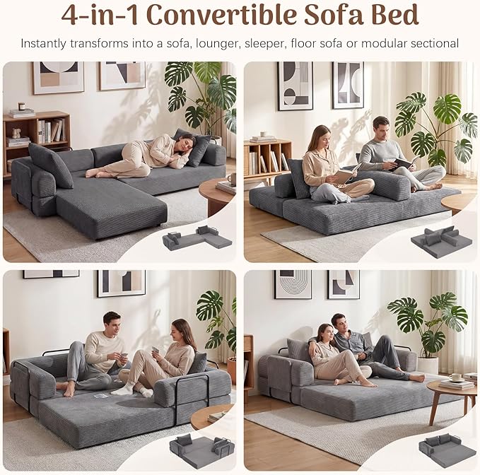 Redlife 78 Folding Sofa Bed with Ottoman Modular Loveseat Sleeper Couch Convertible Floor Sofa Corduroy Fabric Wide Armrests 28.3 Deep Seat Removable Covers &amp Side Pocket No Assembly Gra