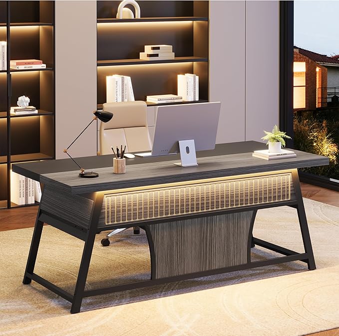 63-inch Executive Desk with Storage Shelf Large Home Office Desk with Metal Frame &amp LED Light Long Computer Desks for Home Office Gray and Black