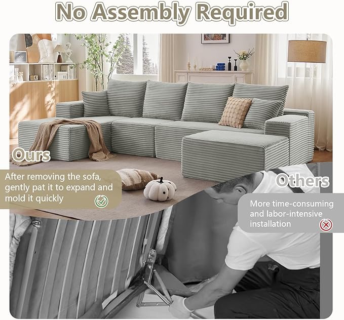 135 L-Shape Sofa with Ottoman Modern Modular Sectional Comfy U-Shape Cloud Couch Deep Seat Upholstered Corduroy Sleeper Chaise Longue for Living Room Bedroom No Assembly Required Grey