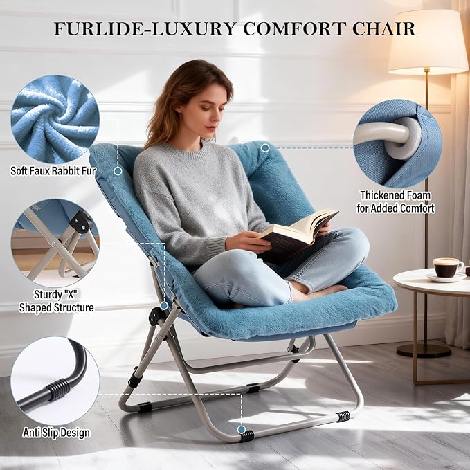 Saucer Chair Comfy Bedroom Chairs Oversized Folding Faux Fur Chair Foldable Metal Frame Chair for Bedroom Living Room Balcony Patio (Blue)