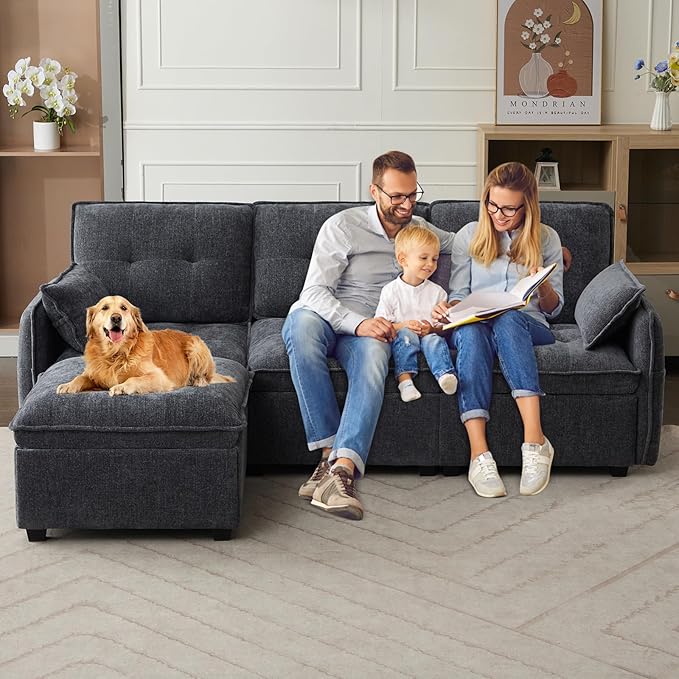 Modular Sectional Sofa 98'' Comfy Chenille L Shaped Sectional Cloud Couch with Movable Ottoman 4 Seater Deep Seat Sofa Sleeper with Throw Pillows for Living Room Office (Grey-Blue 3-seat)