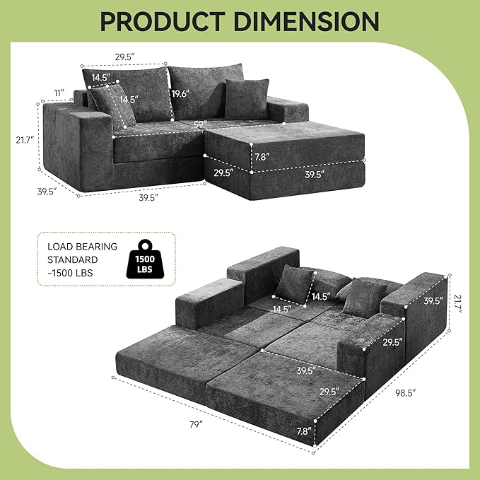 79 Boneless Cloud Loveseat Sofa Couch Modular Foldable Floor Sofa with Ottoman Chenille Lounge Convertible Sofa Bed for Living Room No Assembly Dark Grey