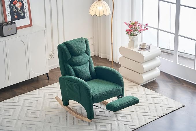 Rocking Chair with Foot Rest Nursery Glider Teddy Gliding Rocking Chair with Retractable Footrest Rubber Wood Legs Side Pocket High Back &amp Wide Seat Nursing Chair for Living Room (Green)