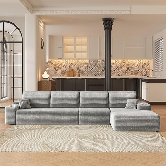 135.4 L-Shaped Sectional Corduroy Boneless Couch with Chaise Modern Modular Couches for Living Room Apartments Upholstered Cloud Sofa with Deep Seat No Assembly Required (Grey)