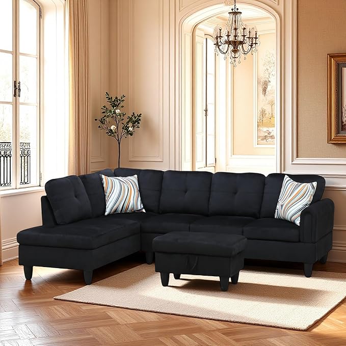 L-Shaped Sectional Sofa with Movable Chaise &amp Storage Ottoman Lounge 3-Piece Modular Convertible Couches for Living Room Apartment &amp Office Black