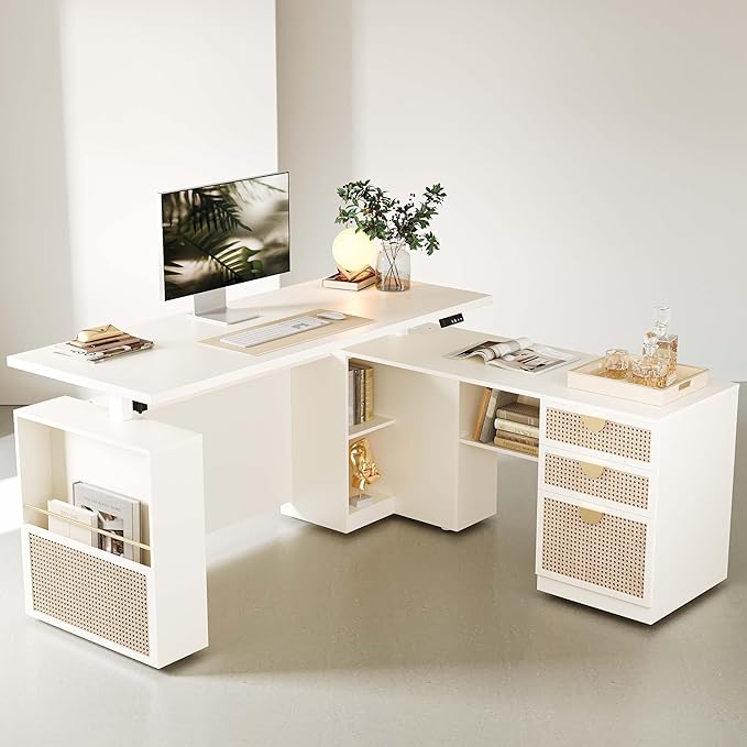 63 Standing Desk with File Cabinet Privacy Panel AC/USB 1.18 Desktop Executive L Shaped Height Adjustable Desk Electric Stand Up Table with 3 Drawers White Rattan
