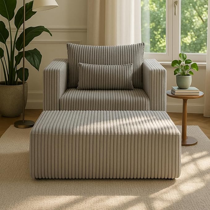 50.98'' Corduroy Boneless Couch with Square Armrests and 2 Cushions Modern Luxury Compressed Sofa Couch with Movable Ottoman No Assembly Required Living Room Apartment HotelGrey