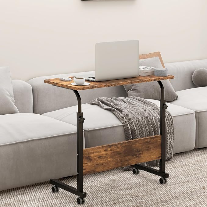 sogesfurniture Office Desk Computer Table Cart 31.5 inch Removable Laptop Desk Cart Height Adjustable Side Desk Workstation Sofa Side Table with Wheels Rustic Brown