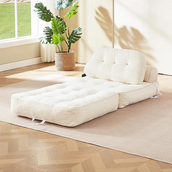 Folding Sofa Bed Flannel Futon Couch Bed with Pillow and Blanket Convertible Sleeper Chair for Living Room Bedroom White