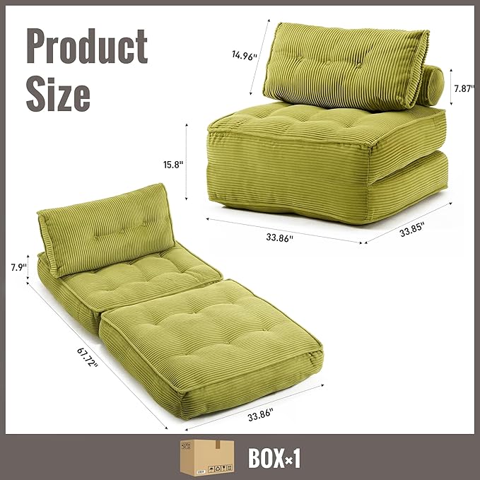 Folding Sofa Bed Convertible Sleeper Chair 33 with Pillow Futon Boneless Couch with Back Support Small Couch for Living Room(Green Double)