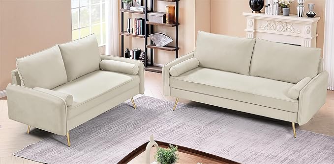 Kent Modern Loveseat European Style Velvet Living Room Furniture with Tapered Legs Vintage Flair and Sleek Design Ivory