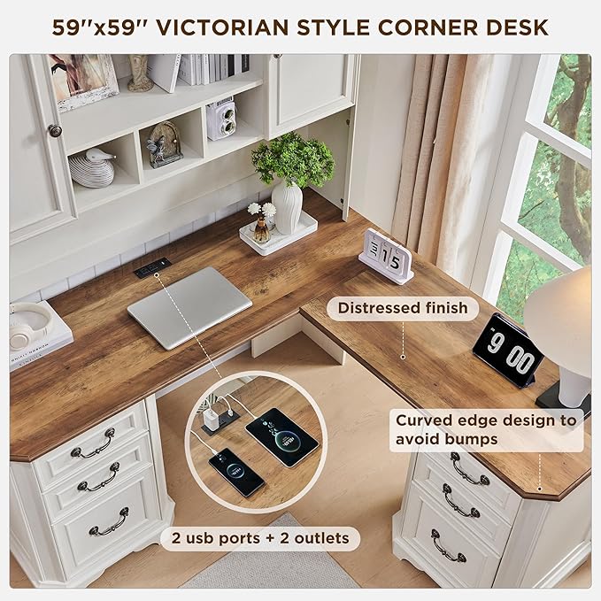 T4TREAM 59 L Shaped Desk with HutchVictorian Wood Computer Desk Featuring Charging StationFile Drawer Storage Cabinetfor Home Office Work and Study (Antique White)