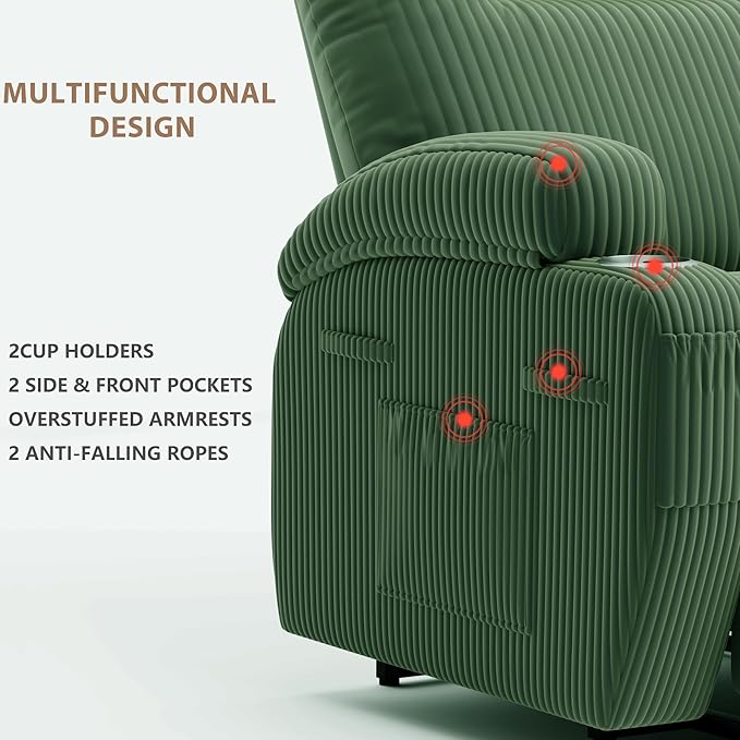 Flamaker Power Lift Chair Massage Recliner Chairs for Elderly Corduroy Ergonomic Design with Cup Holders &amp Side Pockets Remote Control (Green)