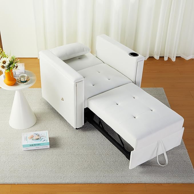 Velvet Convertible Chair Bed 3 in 1 Multi-Functional Lounge Chair Sleeper Pull Out Couch Guest Bed with Hidden Table and Adjustable Backrest for Living Room (White)