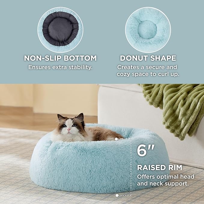 Bedsure Calming Cat Beds for Indoor Cats - Small Cat Bed Washable 20 inches Anti-Slip Round Fluffy Plush Faux Fur Pet Bed Fits up to 15 lbs Pets Aqua Blue
