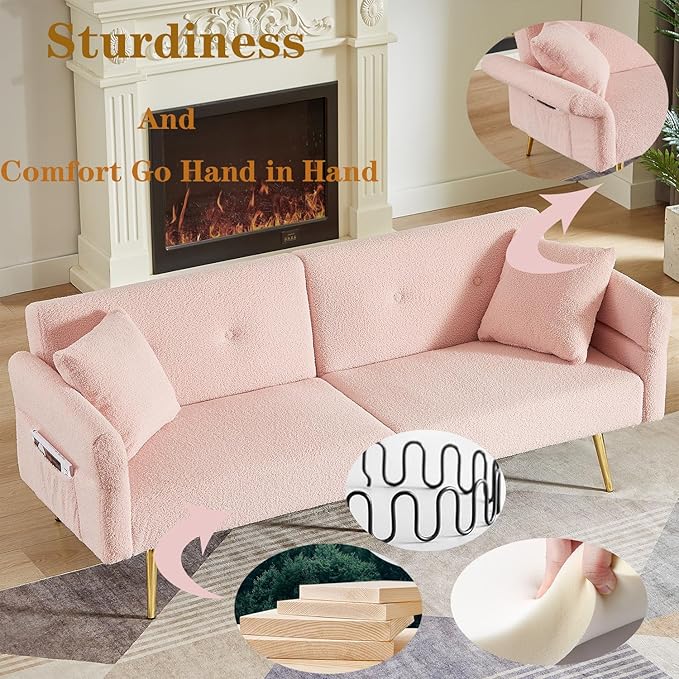 Pink Modern Teddy Velvet Convertible Folding Futon Couch Sofa Bed Adjustable Pillow Top Arm Memory Foam Couch Double Love Seat Sofa for Compact Space Dorm Apartment Bedroom Loveseat (Pink)