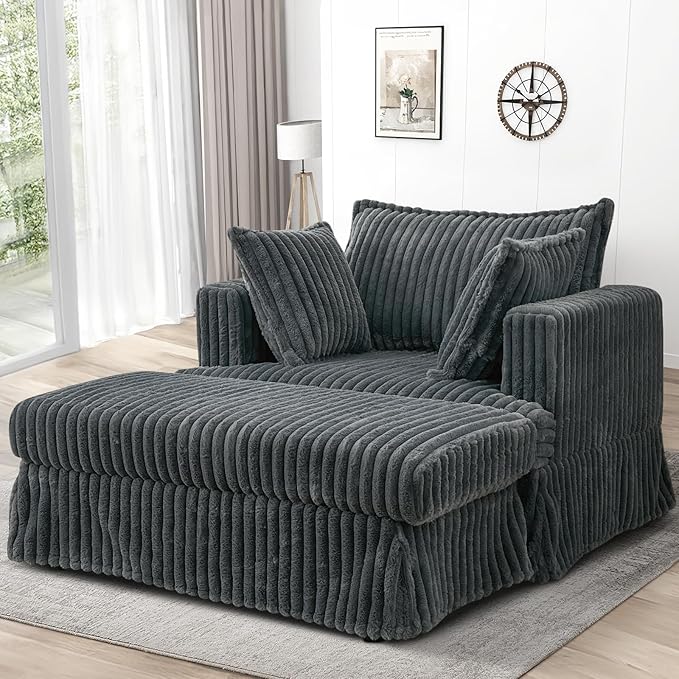 Oversized Chaise Longue IndoorComfy Upholstered Tufted Corduroy Single Sofa Couch Leisure Chair with 3 PillowDeep Seat Reclining Sleeper Sofa Chair for Living RoomBedroomOffice (Dark Gray)