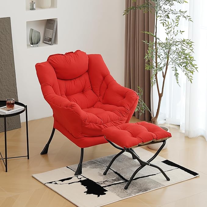 Lazy Chair with Ottoman Modern Accent Chair with Armrests and a Side Pocket Red Accent Chairs Comfortable Reading Chairs Oversized Armchairs for Bedroom Study Living Room Courtyard