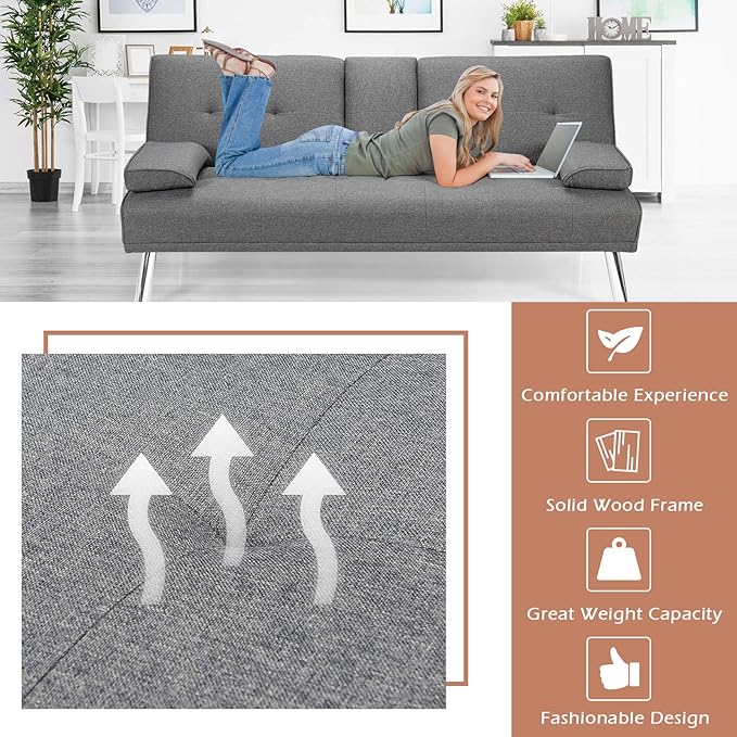 Giantex Modern Convertible Futon Sofa Bed Linen Upholstered Sofa Sleeper w/Metal Leg Removable Armrests 2 Cup Holders Backrest Adjustable Folding Sofa Bed for Apartment (Light Gray)