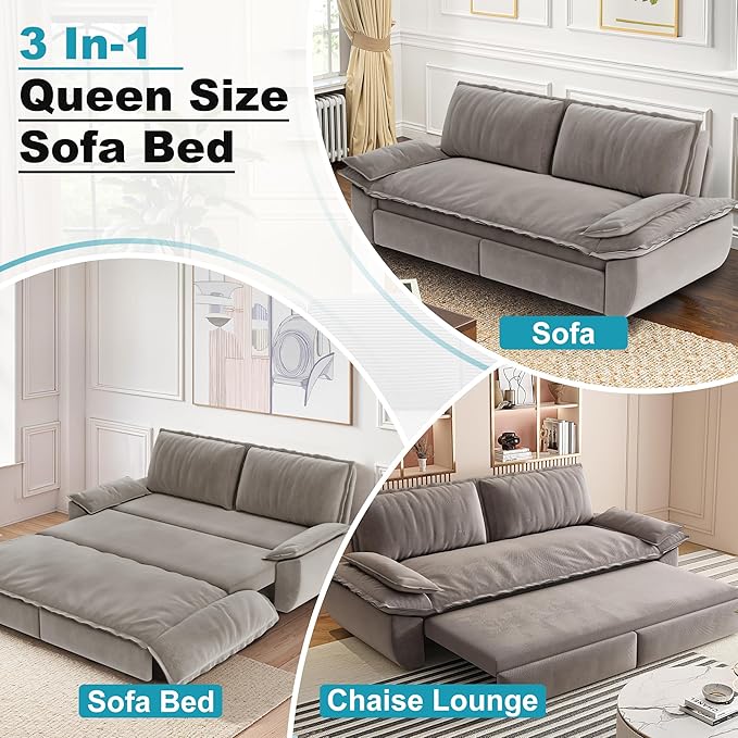 Queen Size Sleeper Sofa Bed 73.2 Inch Pull Out Couch Velvet Loveseat Sofa Bed 3 in 1 Convertible Queen Couch Beds for ApartmentBedroom Living Room Light Gray