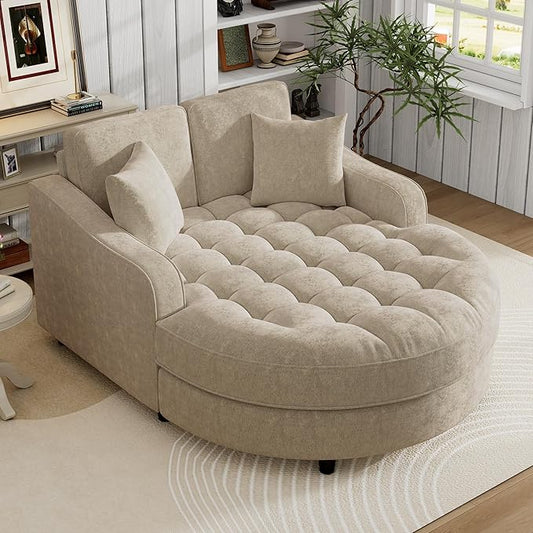 55 Oversized Chaise Lounge Chair Comfy Chenille Chaise Sofa Recliner Bed Upholstered Sleeper Couch Bed with Armrests and Detachable Pillows for Living Room Movie Room Bedroom (Champagne)