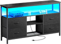 Huuger 47 Inch TV Stand Dresser with Power Outlets and LED Lights Fabric Dresser for Bedroom with Storage 4 Drawers Entertainment Center with Open Shelf Media Console for 55 50 Inch TV Black