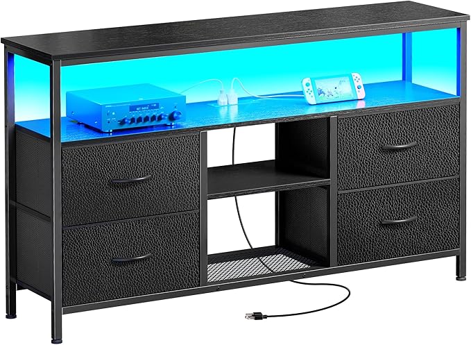 Huuger 47 Inch TV Stand Dresser with Power Outlets and LED Lights Fabric Dresser for Bedroom with Storage 4 Drawers Entertainment Center with Open Shelf Media Console for 55 50 Inch TV Black