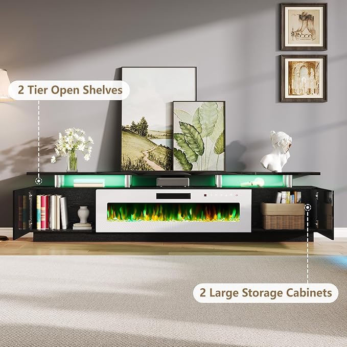 AMERLIFE 90 2 Tier Fireplace TV Stand with 50 Fireplace Modern Large Entertainment Center LED Lights Media Console Table Storage Cabinet for TVs Up to 100 Living Room Black &amp White