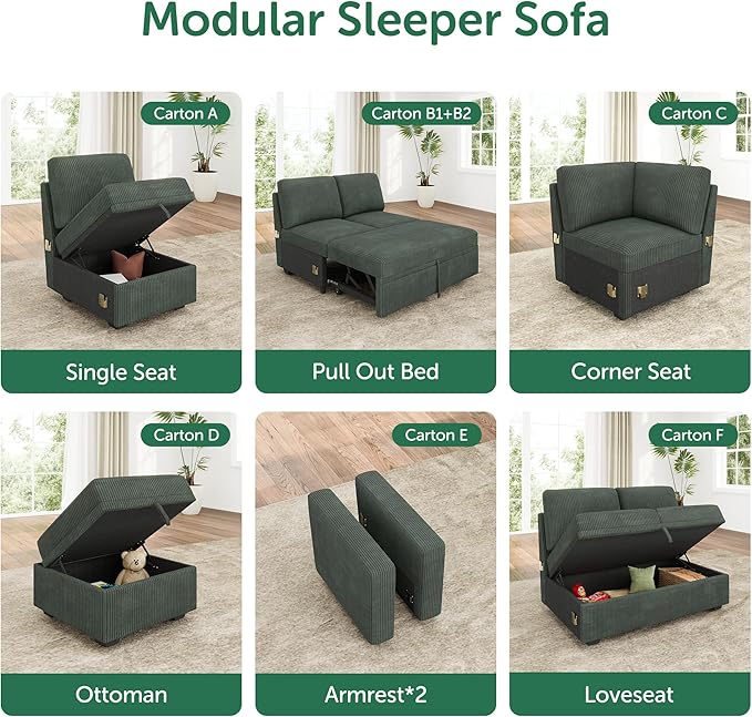 HONBAY Single Seat for Modular Sectional Sofa Customizable Armless Chair for Sectional Sleeper Sofa Velvet Green