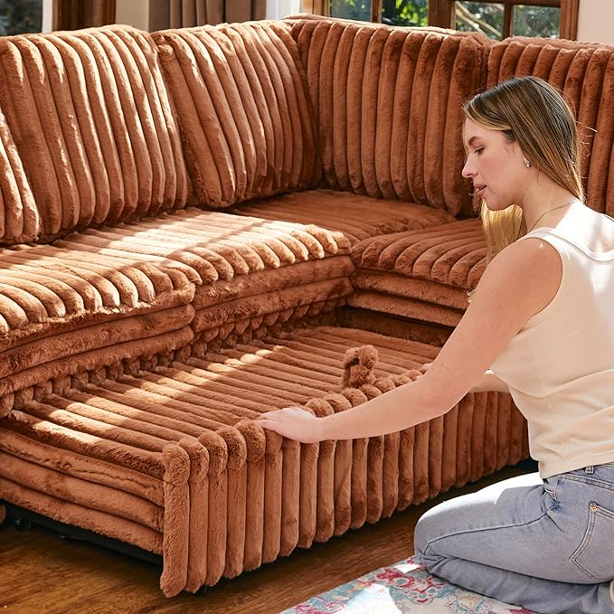 Belffin Corduroy Sleeper Sofa with Pull Out Bed Module Loveseat with Pullout Bed for Sectional Sofa Couch Brick Red Couch