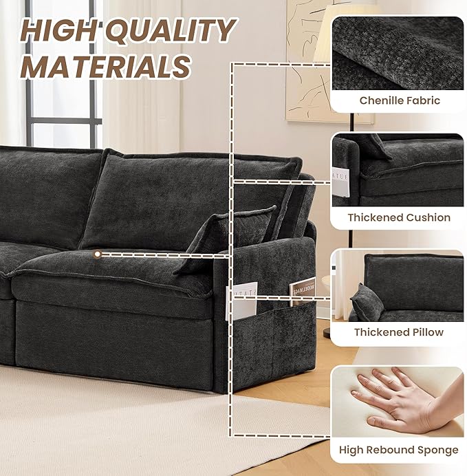 King Size Pull Out Couch3-in-1 Corduroy Sleeper Sofa with Pull Out Sofa BedUSB &amp Side StorageConvertible Loveseat Sleeper Couch for Living Room Bedroom pet-Friendly(Black 73.6'')