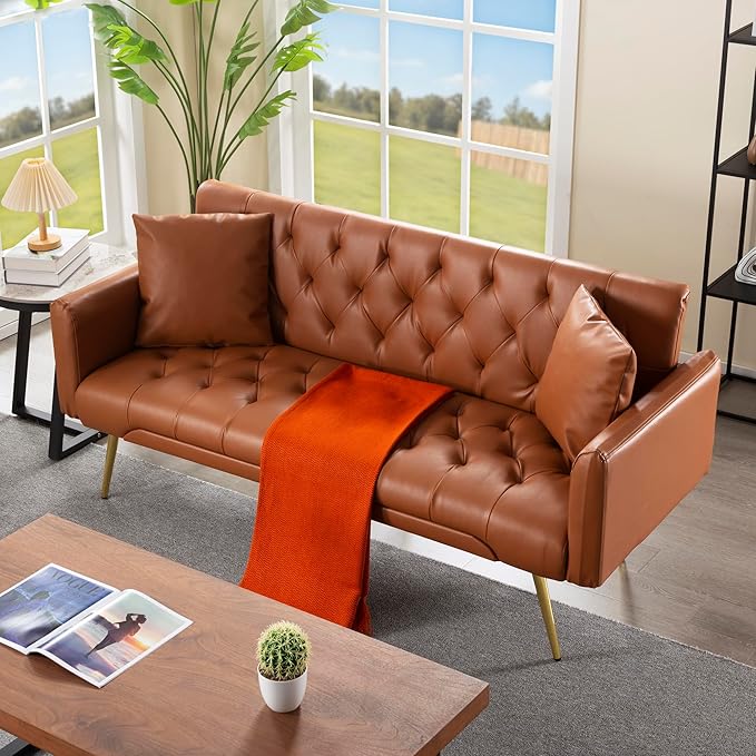 Anwick 72 Modern PU Leather Sofa Bed FutonConvertible Folding Sleeper Bed Couches with 3 Adjustable BackrestsTufted Recliner Loveseat with Golden Chrome Legs for Small Living Room Office (Brown)