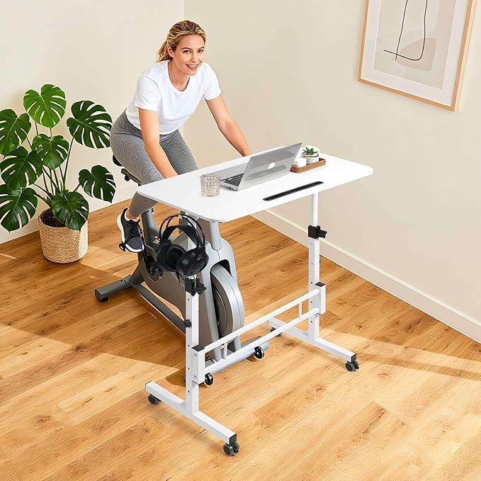 Adjustable Standing Desk with Wheels Portable Rolling Walking Pad Desk Small Laptop Table for Home Office Sit Stand Up Workstation Size 15.7x 31.5 White