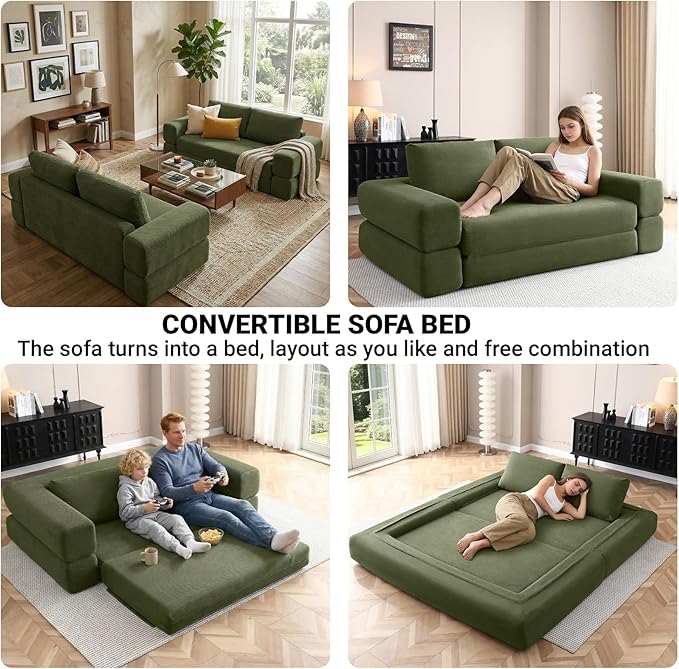 81 Inch Convertible Folding Sofa Bed Fold Out Couch Bed Corduroy Futon Couch with Back Pillows Boneless Sofa Comfy Lounge Floor Sleeper Mattress Loveseat for Living Room Bedroom Orange