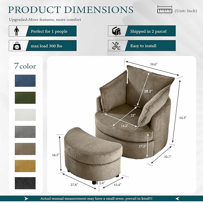 Swivel Accent Chair Round Barrel Armchair Upholstered Living Room Chair Corduroy Reading Chair Single Sofa Chair for Bedroom Apartment Office (Brown Upgrade 1Seater+ Ottoman)