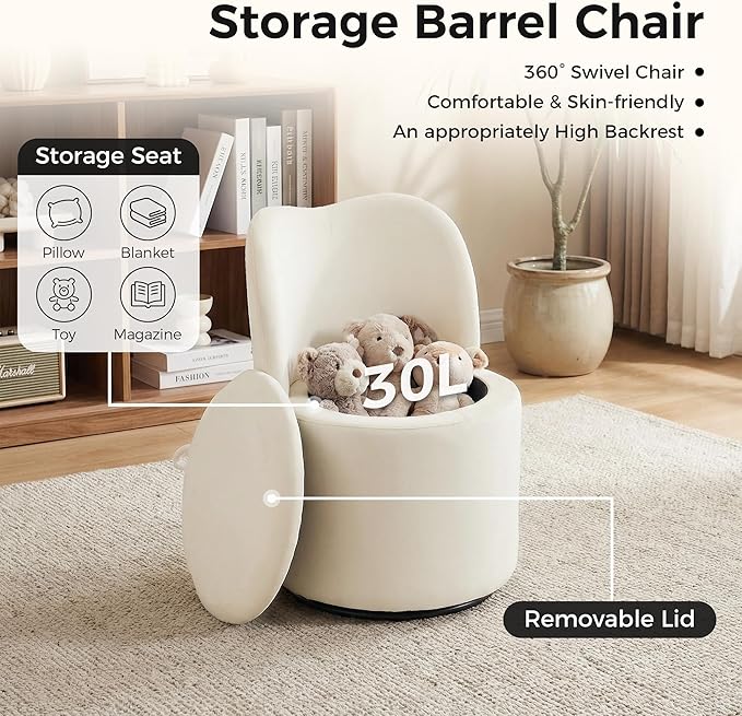 Swivel Velvet Vanity Chair with Storage Upholstered Vanity Stool with Back Sherpa Vanity Stool Chair Round Makeup Chair Swivel Accent Chair Barrel Armchair Soft Padded Seat for Living Room Bedroom