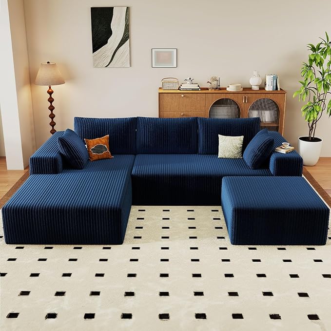 96 Modular Sectional Sofa with Ottoman Modern Corduroy Cloud Couch with Deep Seat Boneless Couch Upholstered 3-Seater U-Shaped Sofa for Living Room No Assembly (Blue Left-Facing Chaise)