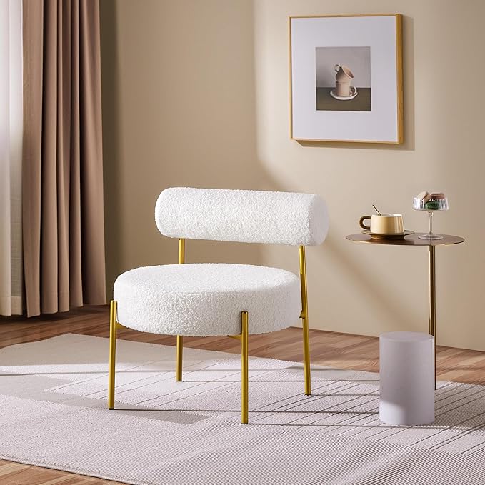 Topeakmart Modern Vanity Chair Boucle Fabric Accent Chair with Gold Metal Legs for Living Room Makeup Room White