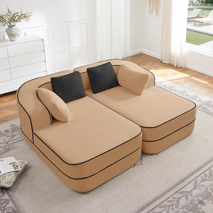 KEIKI 2Seat Modular Boneless Sectional Velvet Sofa Couch with Chaise for Living Room Apartment Living Style Conscious Homeowners Soft Plush Comfortable Cozy Relaxing Contemporary Design Camel