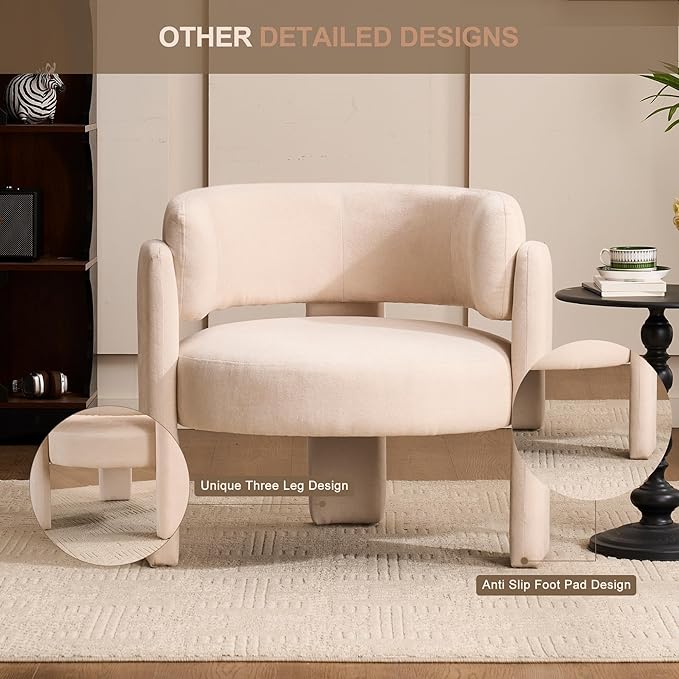 Modern Accent Barrel ChairMid Century Single Armchair with Curved Backrest Upholstered Side Reading Chair with 3 Legs Comfy Sherpa Chair for Bedroom Home Office Living Room (WhiteSet of 2)